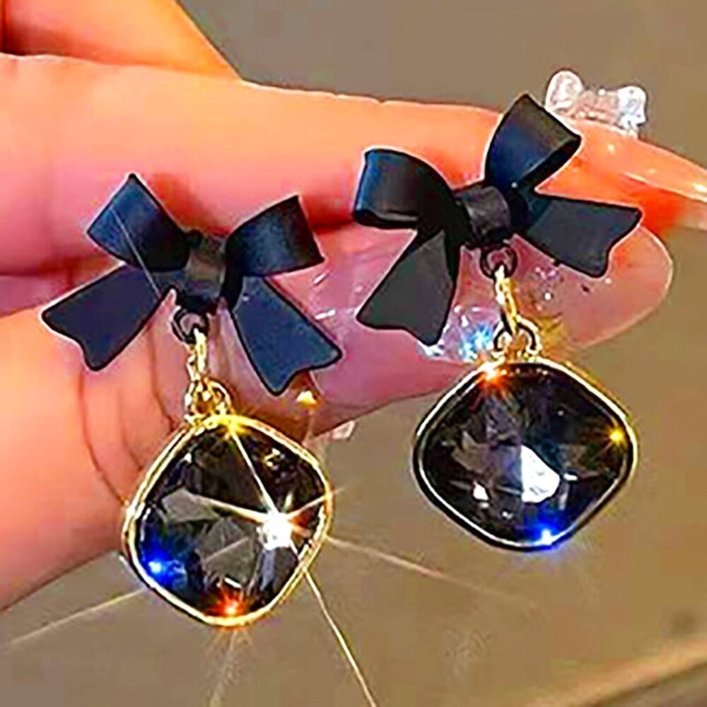 Black Bow Crystal Dangle Drop Earrings Silver Plated Earings For Womens Girls